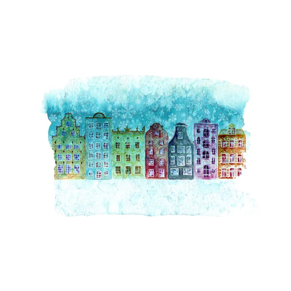 Happy New Year and Christmas illustration with winter colorful watercolor hand drawn old european houses and snow on blue teal stain isolated on white background. Greeting card with space for text.