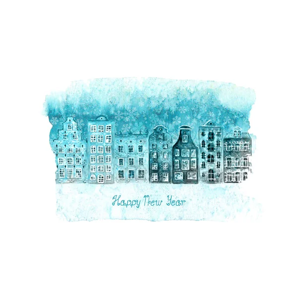 Happy New Year and Christmas illustration with winter colorful watercolor hand drawn old european houses and snow on blue teal stain isolated on white background. Greeting card with lettering.