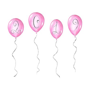 2019 happy New Year banner illüstrasyon suluboya elle çizilmiş pembe balonlar mevsimlik el ilanları ve tebrik kartları için beyaz arka plan üzerinde izole gümüş numaraları ile Noel davetiye tasarım..