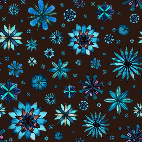 无缝水彩浪漫曼陀罗抽象花青色蓝色花卉图案棕色背景 明亮的水彩插图 波希米亚风格的纹理 印刷包装纸 纺织品 — 图库照片