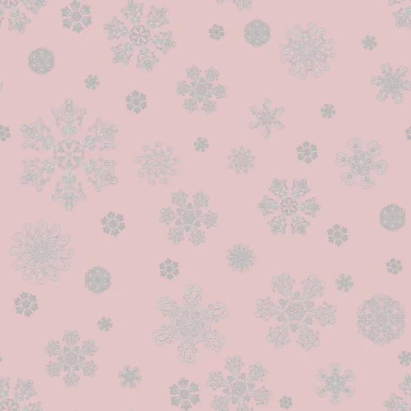 Winter luxury hand drawn seamless pattern print with siver beauty snowflakes. Pink background with gray snow crystals. Happy New Year, Merry Christmas concept. Print for textile, wallpaper, wrapping.