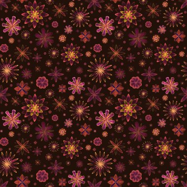 Sorunsuz suluboya romantik mandala soyut çiçek renkli çiçek desenli kahverengi zemin üzerinde. Parlak suluboya resim. Boho tarzı. Sarma için kağıt, davet, duvar kağıdı, tekstil baskı