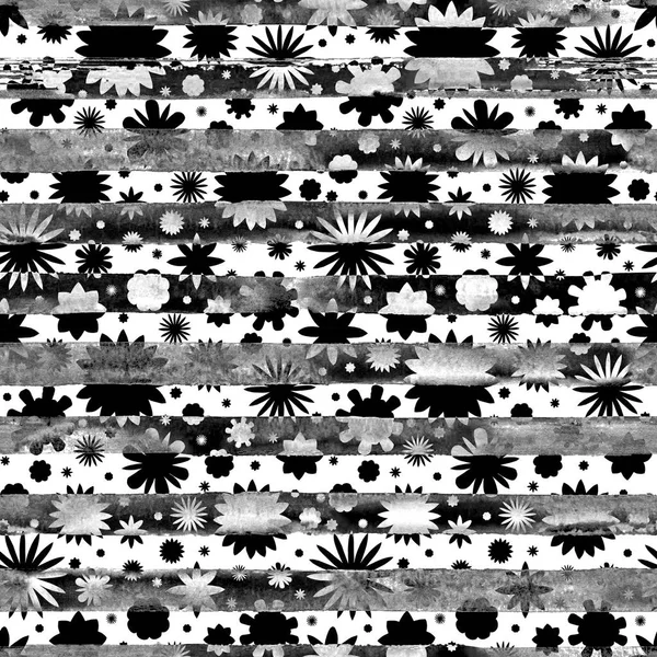 Inconsútil Monocromo Acuarela Abstracta Flores Negras Blancas Fondo Patrón Rayado — Foto de Stock