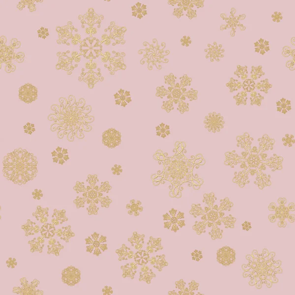 Winter Pink Hand Drawn Seamless Pattern Print Gold Beauty Snowflakes — Stock Photo, Image