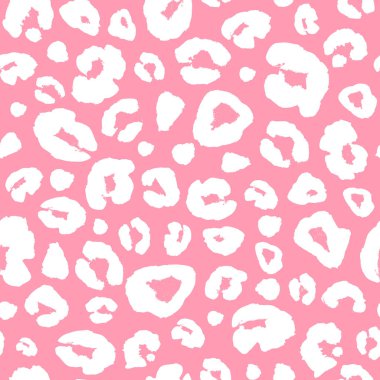 Leopar deri Dikişsiz desen arka plan yazdırma. Hayvan kürk spot soyut kamuflaj doku. Pembe ve beyaz çizilmiş benekli Baskı Tekstil, kumaş, ambalaj kağıdı, duvar kağıdı için el.