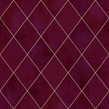 Suluboya argyle soyut geometrik ekose seamless modeli altın glitter çizgi kontur ile. Suluboya çizilmiş Bordo kırmızı arka plan ver. Lüks doku. Baskı Tekstil, duvar kağıdı, ambalaj için.