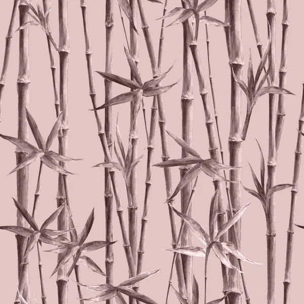 Bamboo Akvarell Stjälkar Och Blad Grå Sömlösa Mönster Rosa Bakgrund — Stockfoto