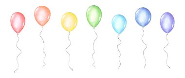 Renkli gökkuşağı renkleri suluboya mutlu tatil parlak helyum hava balonları beyaz arka plan üzerinde izole uçan kümesi. Suluboya el çekilmiş şenlikli illüstrasyon.