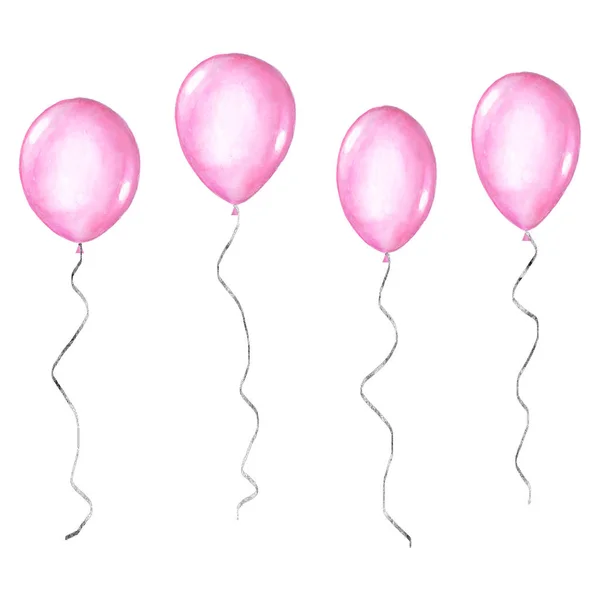一套粉红色的水彩画快乐的节日光泽氦空气飞行气球孤立在白色的背景 水彩画手绘节日插图 — 图库照片