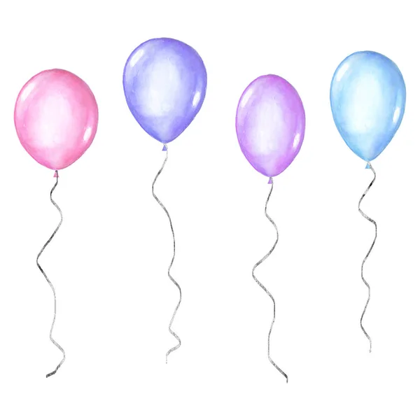 Set Colorful Watercolor Happy Holiday Glossy Helium Air Flying Balloons — Stock Photo, Image