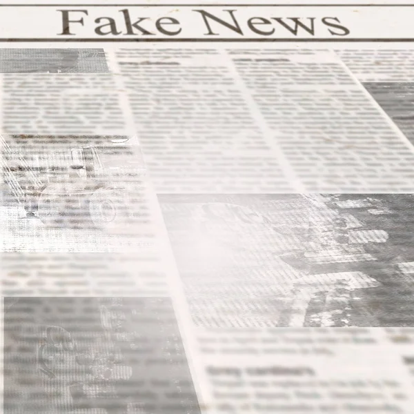 Newspaper with headline Fake News and old unreadable text. Vintage grunge blurred paper texture square background. Textured template page. Gray beige white collage.