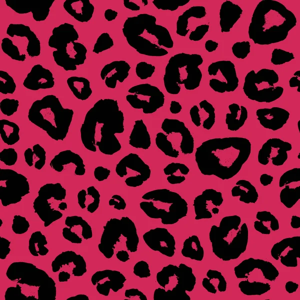豹皮打印无缝图案背景 动物毛皮斑抽象伪装纹理 黑色和粉红色手绘有斑点的印刷包装纸 纺织品 — 图库照片
