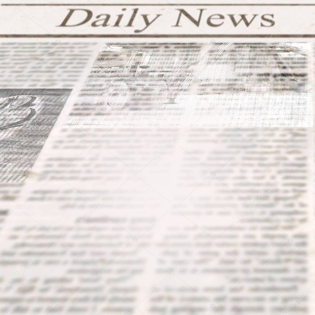 Daily news newspaper with headline and old unreadable text. Vintage grunge blurred paper texture square background. Textured template page. Gray beige white collage.