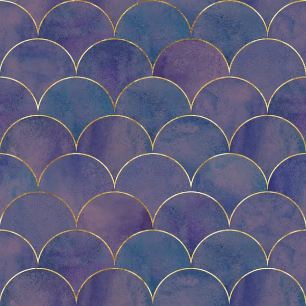 Mermaid fish scale wave japanese luxury seamless pattern. Watercolor hand drawn purple blue teal background with gold line. Watercolour scale shaped texture. Print for textile, wallpaper, wrapping