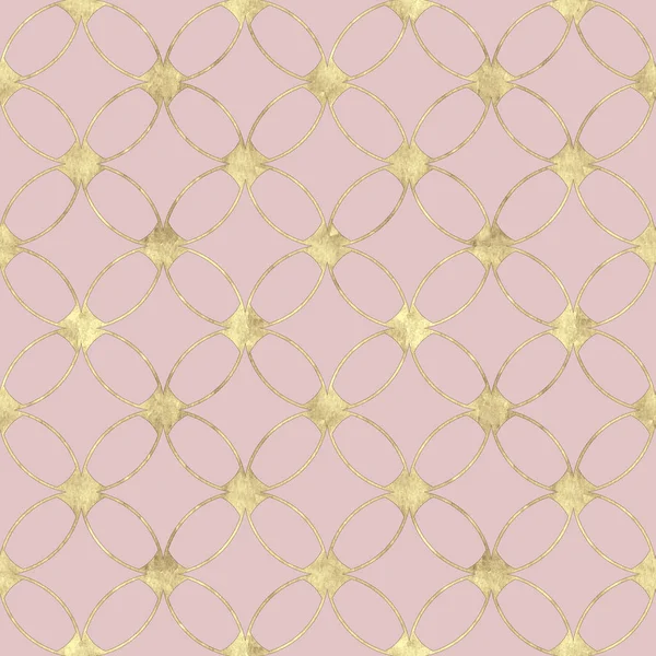 Seamless pastel pink background with abstract vintage gold glitter pattern. Texture with overlapping circles and golden contour line. Print for wallpaper, wrapping, wedding invitations.