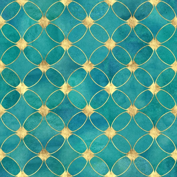 Seamless Aquarela Teal Turquesa Ouro Brilho Textura Abstrata Watercolor Mão — Fotografia de Stock