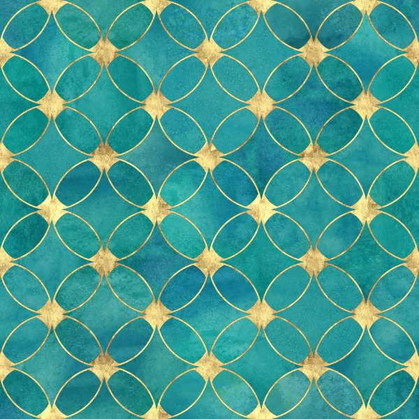 Seamless watercolour teal turquoise gold glitter abstract texture. Watercolor hand drawn grunge background with overlapping circles and golden contour pattern. Print for textile, wallpaper, wrapping