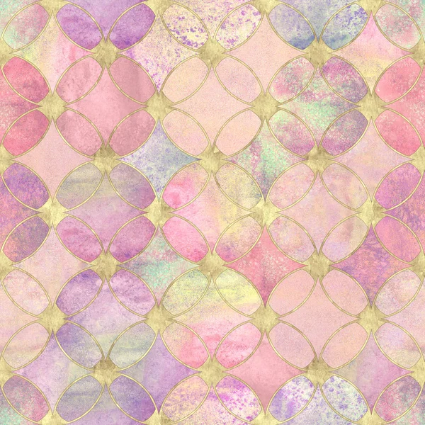 Seamless watercolour pastel colors gold glitter abstract texture. Watercolor hand drawn grunge background with overlapping circles and golden contour pattern. Print for textile, wallpaper, wrapping.