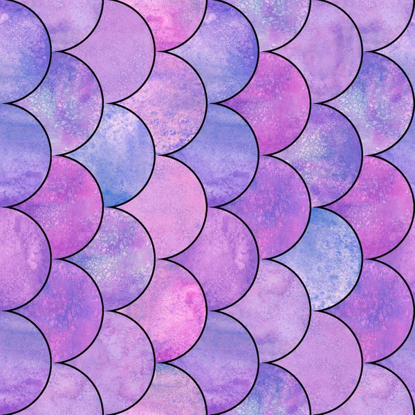 Mermaid fish scale wave japanese magic seamless pattern. Watercolor hand drawn bright colorful background with black contour. Watercolour scales shaped texture. Print for textile, wallpaper, wrapping.