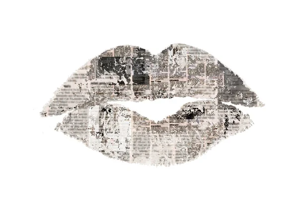 Black White Abstract Grunge Shape Beautiful Woman Lips Newspaper Unreadable — Stock Photo, Image