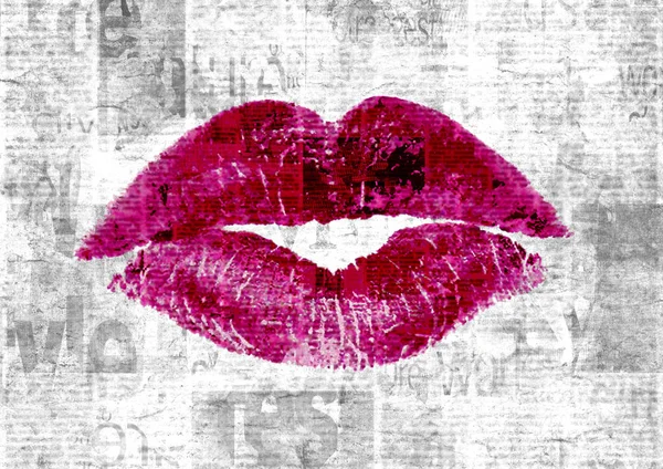 Newspaper Print Old Unreadable Text Beautiful Woman Lipstick Kiss Vintage — Stock Photo, Image