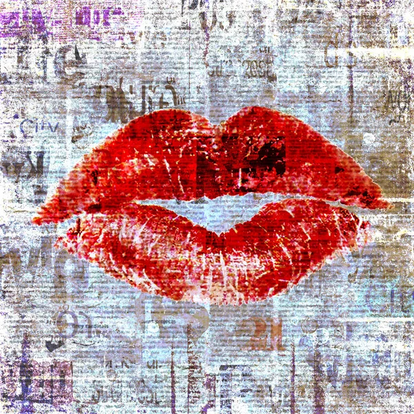 Newspaper Print Old Unreadable Text Beautiful Woman Red Lipstick Kiss — Stock Photo, Image