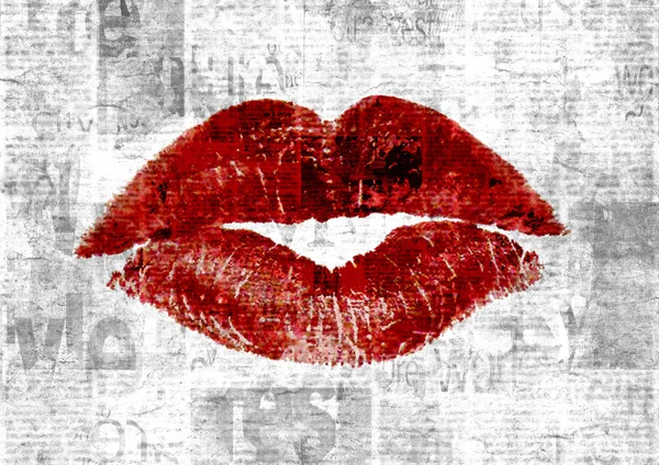 Novinový Potisk Staré Nečitelný Text Krásná Žena Lipstick Kiss Vintage — Stock fotografie