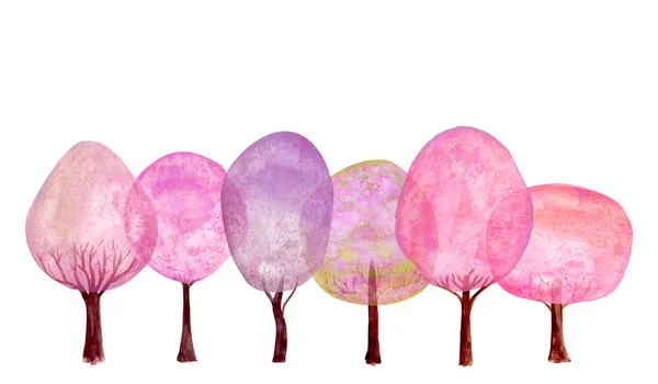 Весенний Розовый Накладывающийся Дерево Фон Акварель Красочные Свежие Деревья Коллекции — стоковое фото