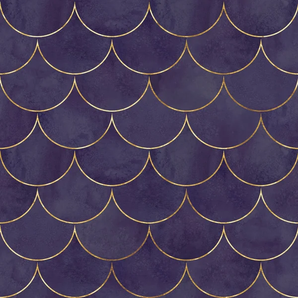 美人鱼鱼规模波日本豪华五颜六色的无缝图案 水彩手绘紫色背景与金线 水彩鳞片形状的纹理 纺织壁纸包装的打印 — 图库照片