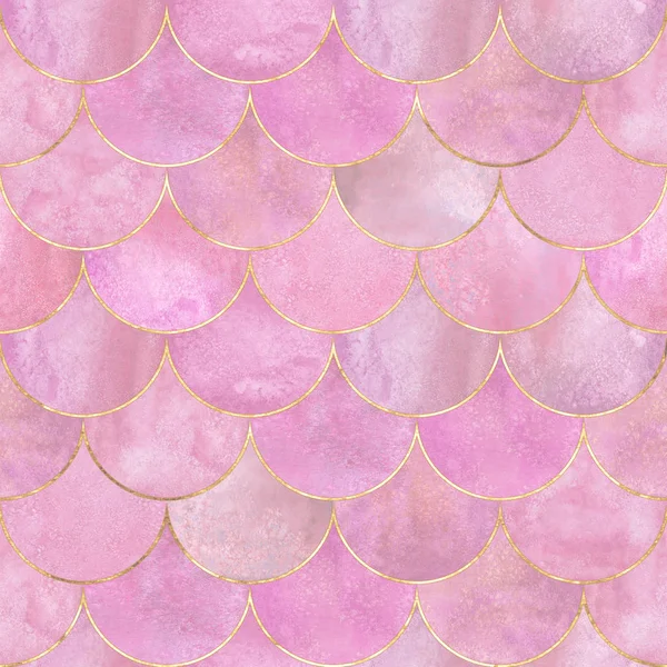 Denizkızı balık ölçek dalga Japon lüks renkli seamless modeli. Suluboya el pastel pembe altın çizgi ile çizilmiş. Suluboya şekilli doku ölçekler. Baskı Tekstil, kaydırma duvar kağıdı için