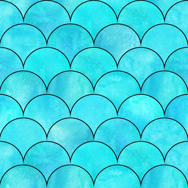Mermaid fish scale wave japanese magic seamless pattern. Watercolor hand drawn bright teal color background with black contour. Watercolour scales shaped texture. Print for textile, wallpaper wrapping