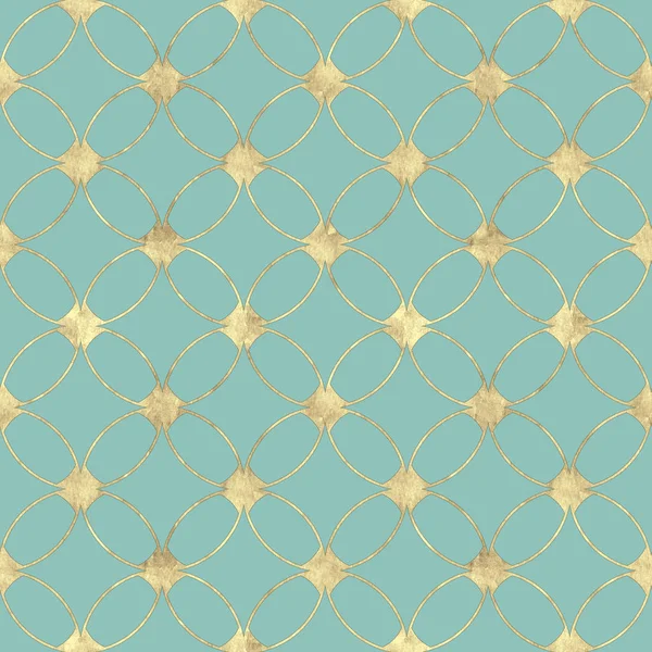 Seamless pastel mint teal turquoise background with abstract vintage gold glitter pattern. Texture with overlapping circles and golden contour line. Print for wallpaper, wrapping, wedding invitations.