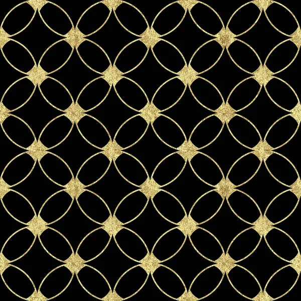 Seamless luxury black background with abstract vintage gold glitter pattern. Texture with overlapping circles and golden contour line. Print for wallpaper, wrapping, wedding invitations.