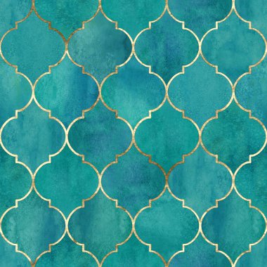 Vintage dekoratif Fas seamless modeli altın çizgili. Suluboya elle çizilmiş parlak deniz mavisi arka plan. Suluboya geometrik oryantal öğeleri doku. Baskı Tekstil, duvar kağıdı, ambalaj için.