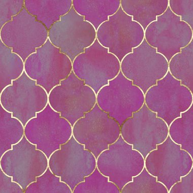Vintage dekoratif Fas seamless modeli altın çizgili. Suluboya el parlak pembe arka plan çekilmiş. Suluboya geometrik oryantal öğeleri doku. Baskı Tekstil, duvar kağıdı, ambalaj için.