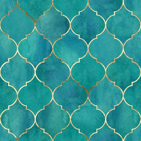 Vintage dekoratif Fas seamless modeli altın çizgili. Suluboya elle çizilmiş parlak deniz mavisi arka plan. Suluboya geometrik oryantal öğeleri doku. Baskı Tekstil, duvar kağıdı, ambalaj için.