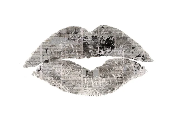 Black White Abstract Grunge Shape Beautiful Woman Lips Newspaper Unreadable — Stock Photo, Image