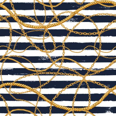 Altın zincir glamour Dikişsiz desen illüstrasyon. Suluboya elle çizilmiş moda doku şerit arka plan üzerinde farklı altın zincirlerle. Suluboya baskı Tekstil, kumaş, duvar kağıdı, ambalaj için.