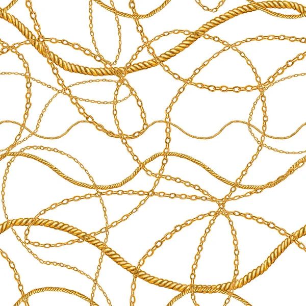 Golden chain glamour seamless pattern illustration. Watercolor hand drawn fashion texture with different golden chains on white background. Watercolour print for textile, fabric, wallpaper, wrapping.