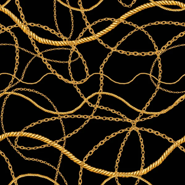 Golden chain glamour seamless pattern illustration. Watercolor hand drawn fashion texture with different golden chains on black background. Watercolour print for textile, fabric, wallpaper, wrapping.