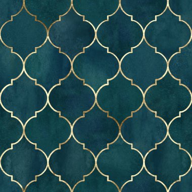 Vintage dekoratif Fas seamless modeli Altın çizgili. Suluboya elle çizilmiş koyu yeşil deniz mavisi arka plan. Suluboya geometrik oryantal öğeleri doku. Baskı Tekstil, duvar kağıdı, ambalaj için