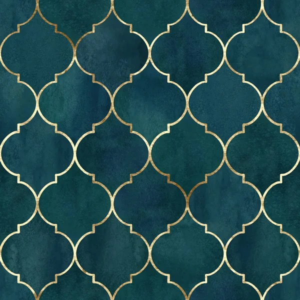 Vintage dekoratif Fas seamless modeli Altın çizgili. Suluboya elle çizilmiş koyu yeşil deniz mavisi arka plan. Suluboya geometrik oryantal öğeleri doku. Baskı Tekstil, duvar kağıdı, ambalaj için