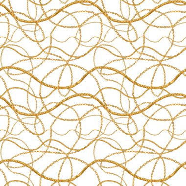Altın zincir glamour Dikişsiz desen illüstrasyon. Beyaz arka plan üzerinde farklı altın zincirlerle suluboya elle çizilmiş moda doku. Suluboya baskı Tekstil, kumaş, duvar kağıdı, ambalaj için.