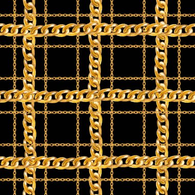 Altın zincir glamour ekose Dikişsiz desen illüstrasyon. Suluboya elle çizilmiş şerit moda doku siyah arka plan üzerine farklı altın zincirlerle. Baskı Tekstil, kumaş, duvar kağıdı, ambalaj için.