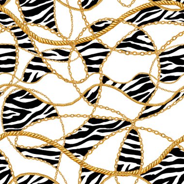 Altın zincir glamour şerit zebra Dikişsiz desen illüstrasyon. Beyaz arka plan üzerinde farklı altın zincirlerle suluboya elle çizilmiş moda doku. Suluboya baskı Tekstil, kumaş, duvar kağıdı, ambalaj için.