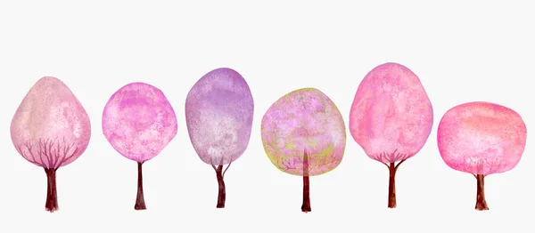 Árboles Primavera Acuarela Dibujos Animados Color Rosa Colección Árboles Frescos —  Fotos de Stock