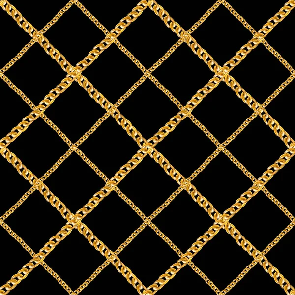 金色のチェーン グラマー格子柄のシームレス パターンのイラスト 黒の背景に別のゴールデン チェーン使用した水彩手描きストライプ ファッション テクスチャ ファブリック 包装の印刷します — ストック写真