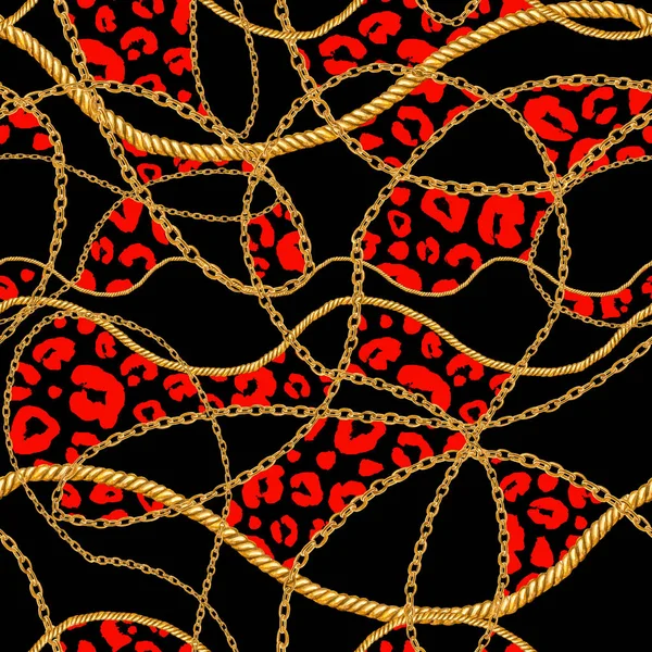 Golden chain glamour leopard cheetah seamless pattern illustration. Watercolor hand drawn fashion texture with golden chains on black background. Watercolour print for textile, fabric, wallpaper.