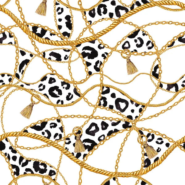 Golden chain glamour leopard cheetah seamless pattern illustration. Watercolor hand drawn fashion texture with golden chains on white background. Watercolour print for textile, fabric, wallpaper.