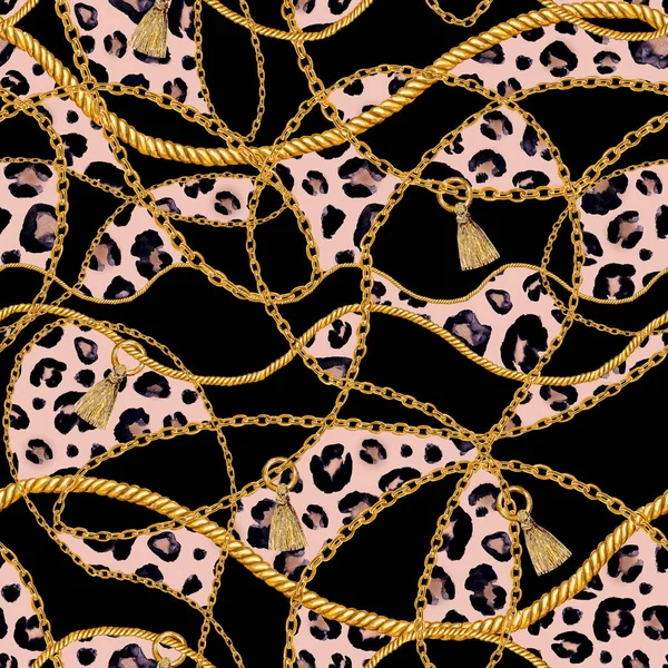 Golden chain glamour leopard cheetah seamless pattern illustration. Watercolor hand drawn fashion texture with golden chains on black background. Watercolour print for textile, fabric, wallpaper.